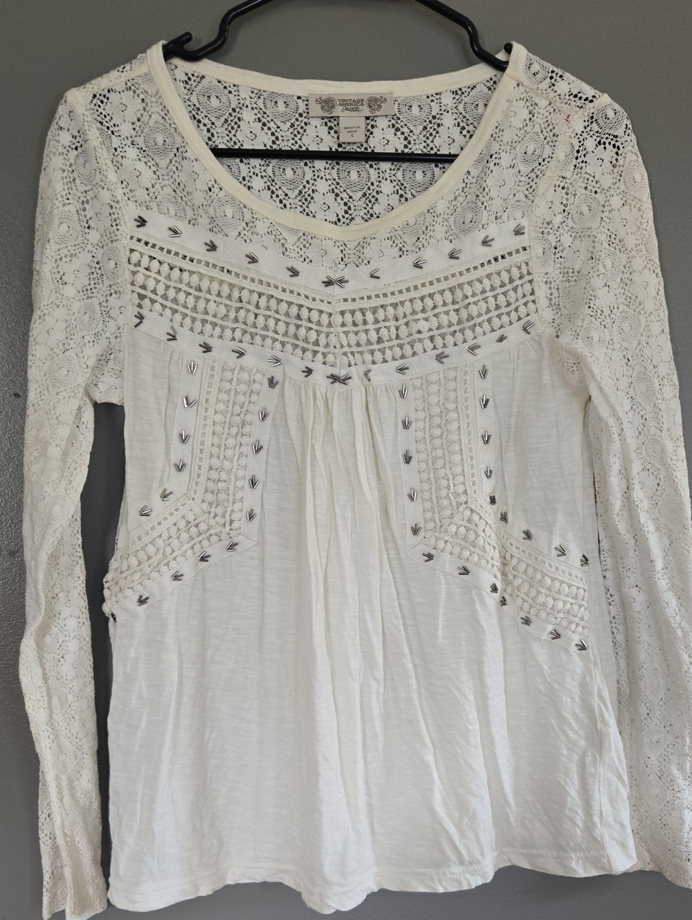 Vintage America White Crochet Lace Long-Sleeve Top